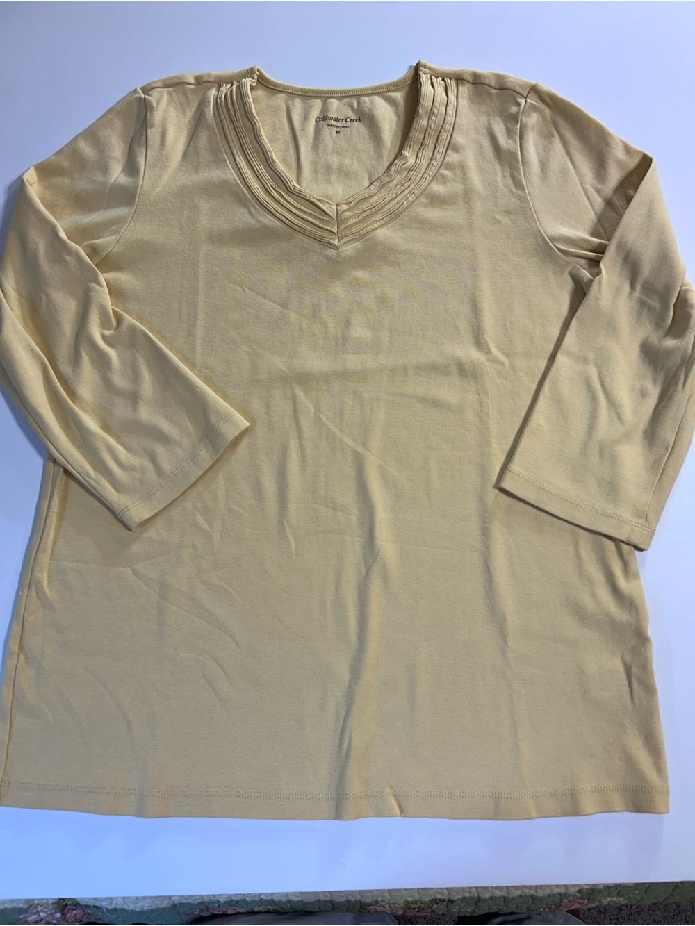 Coldwater Creek t shirt mustard Yellow V-Neck Layered Trim Tee 3/4 sleeve - Picture 2 of 8